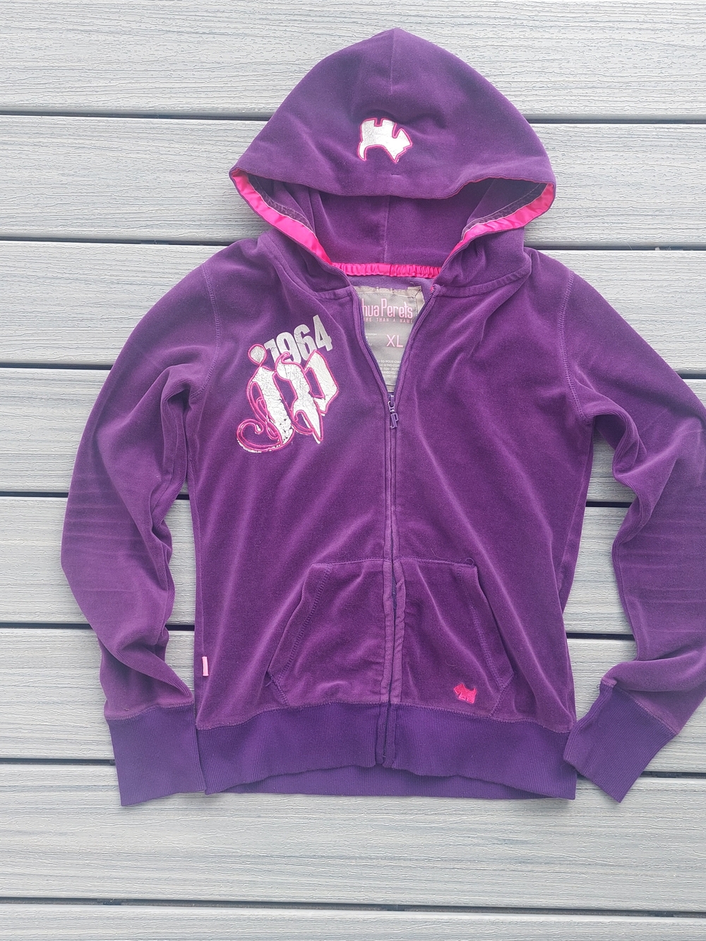 JOSHUA PERETS Y2K 2000s Purple Velour Hoodie with Pink Trim KIDS XL WOMEN S